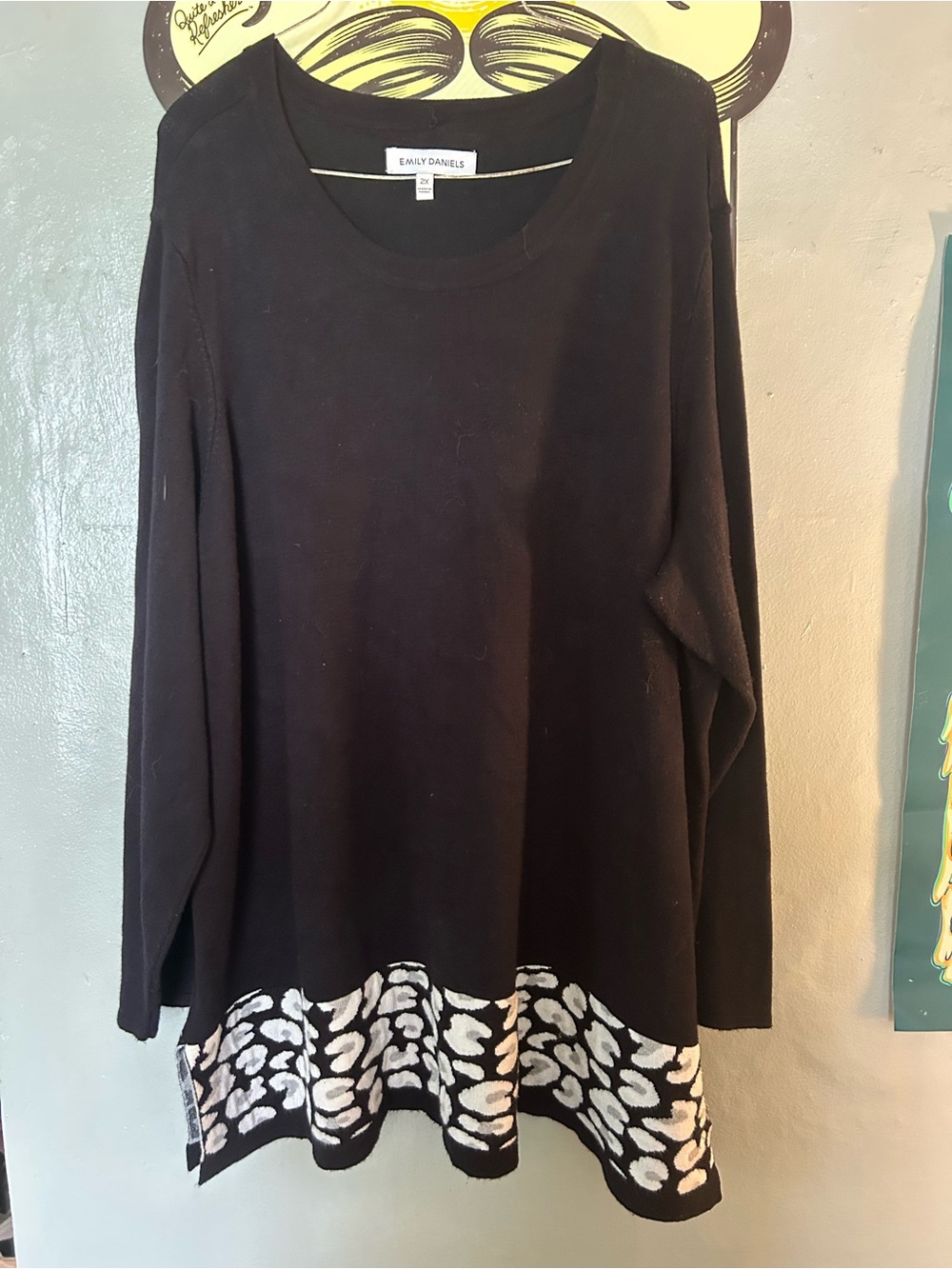Emily Daniels Black Crewneck Sweater with White Animal-Print Hem
